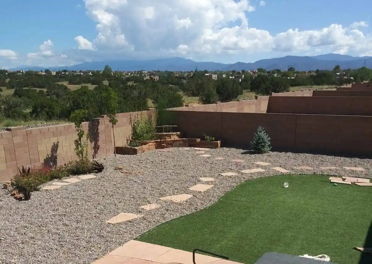 Lush backyard created through expert landscaping in Santa Fe