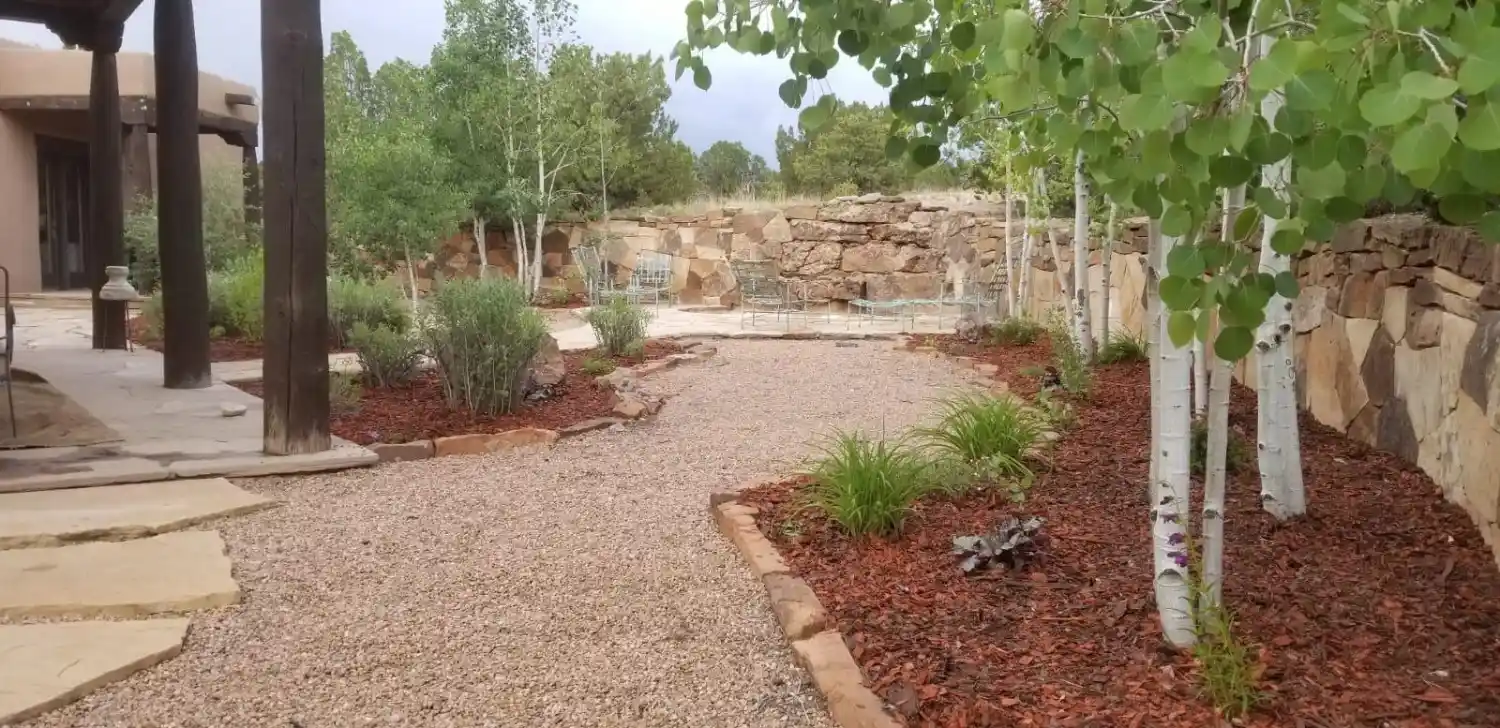 Custom stonework and garden design as part of Santa Fe landscaping project